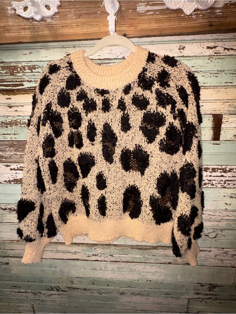 Mud Pie Cream and Black Leopard-Print Crewneck Sweater